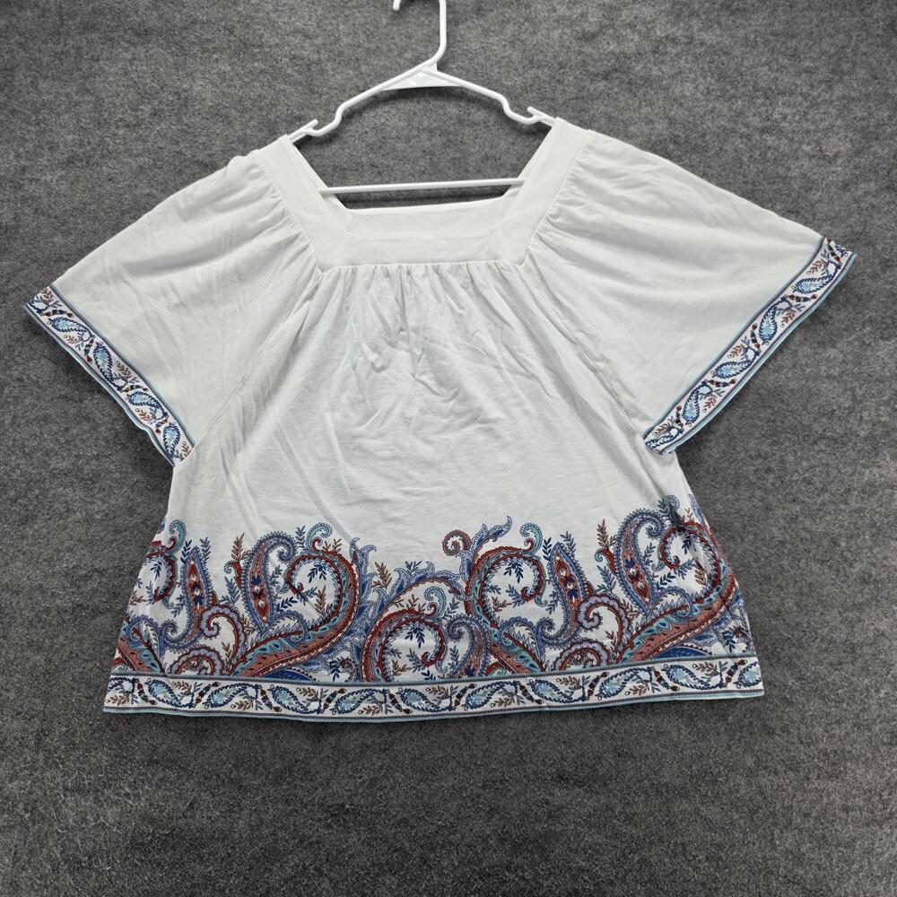 J Jill Top Womens Small White Blue Paisley Boho Square Neck Short Sleeve Shirt
